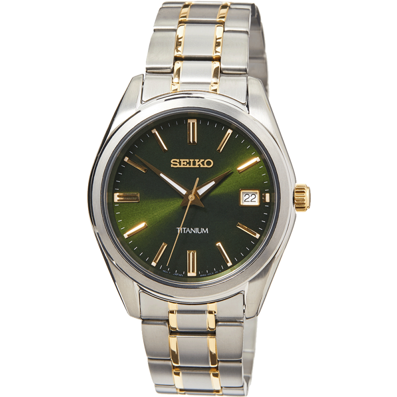 Herrklocka i titan med grön urtavla, tvåfärgat metallarmband och safirglas