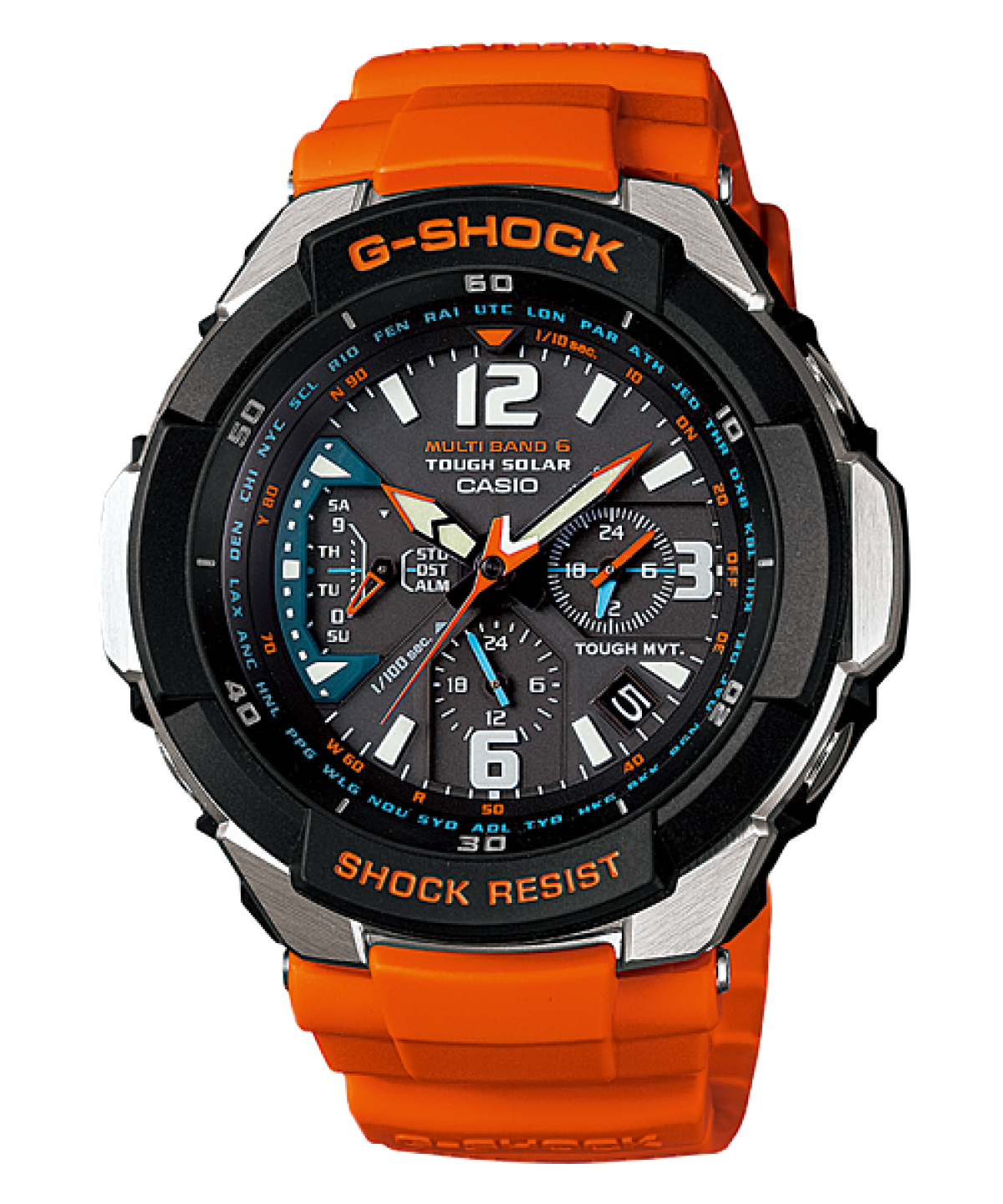 Herrenarmbanduhr G-Shock mit orangefarbenem Silikonarmband, schwarzem Gehäuse und Digitalanzeige