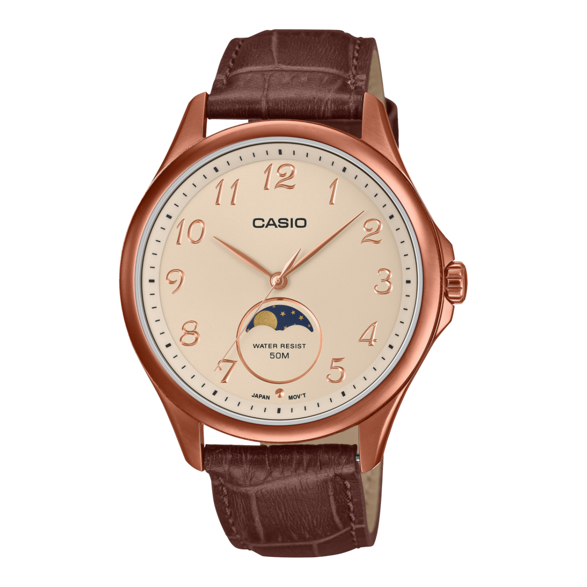 Casio Herrenuhr mit Mondphasenanzeige, roségoldfarbenem Edelstahlgehäuse, Lederarmband