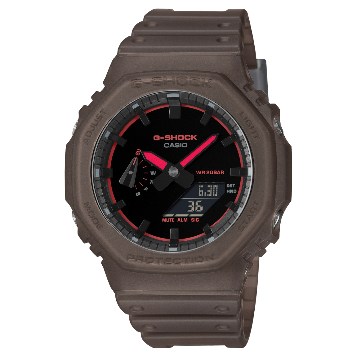 Casio G-Shock Herrenuhr mit schwarzem Zifferblatt, roter Akzentring und braunem Armband