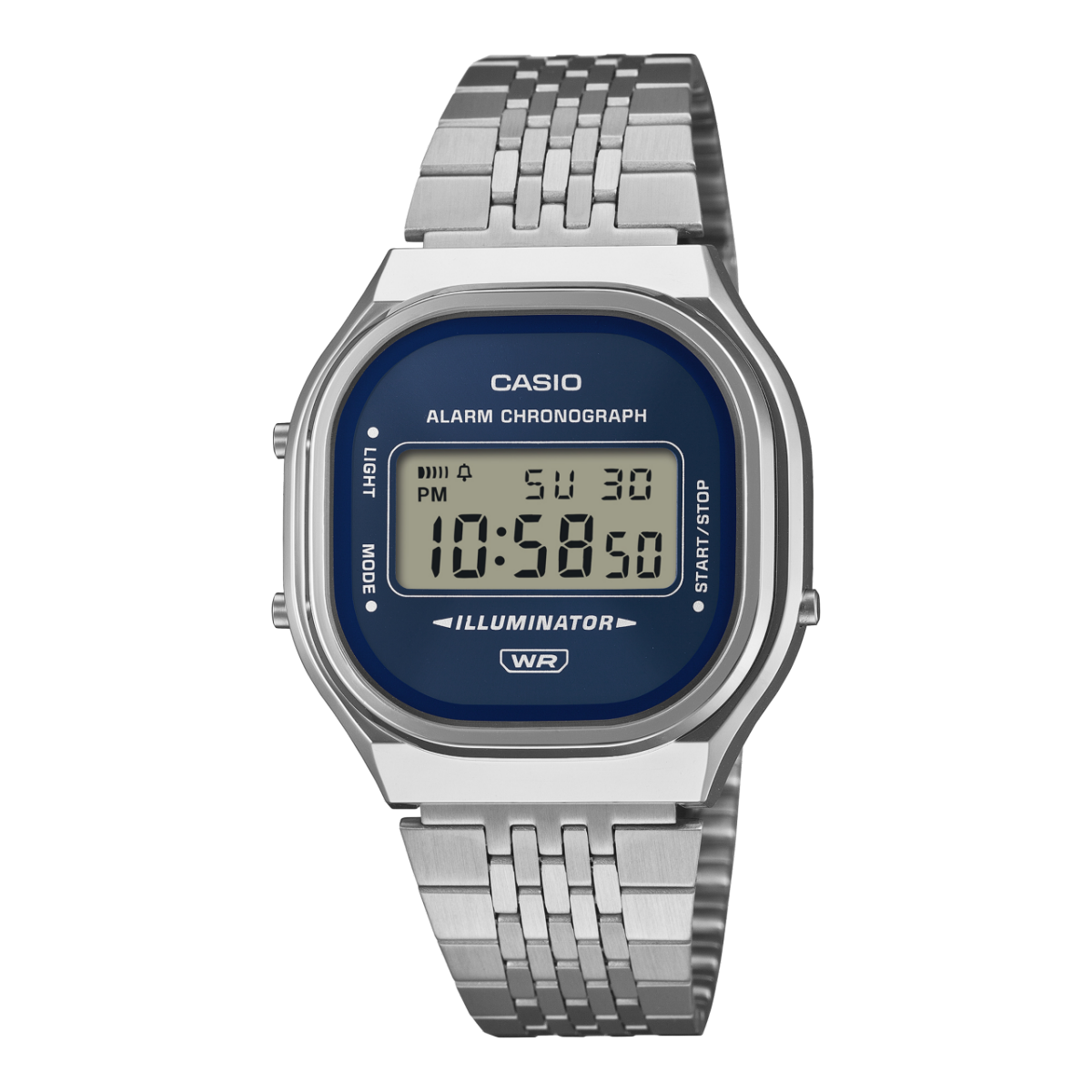 Silberne Casio Vintage Armbanduhr mit Metallarmband und blauem Digitalzifferblatt