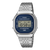 Silberne Casio Vintage Armbanduhr mit Metallarmband und blauem Digitalzifferblatt