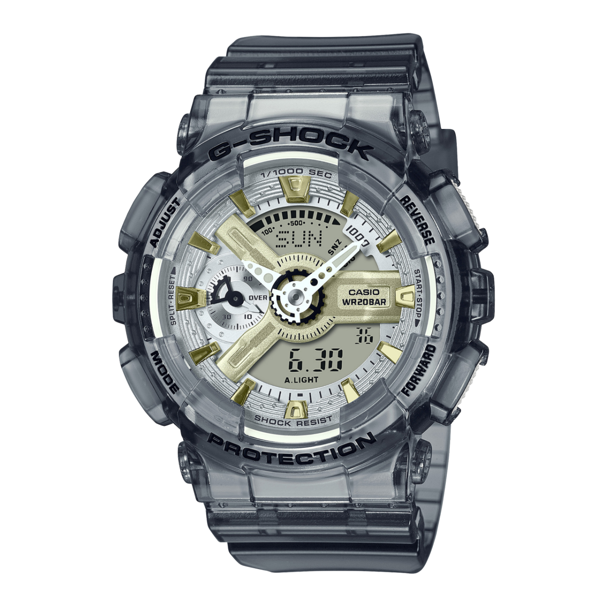 Casio G-Shock Herrenuhr mit transparent-grauem Gehäuse, grünem Zifferblatt, Analog-Digital.