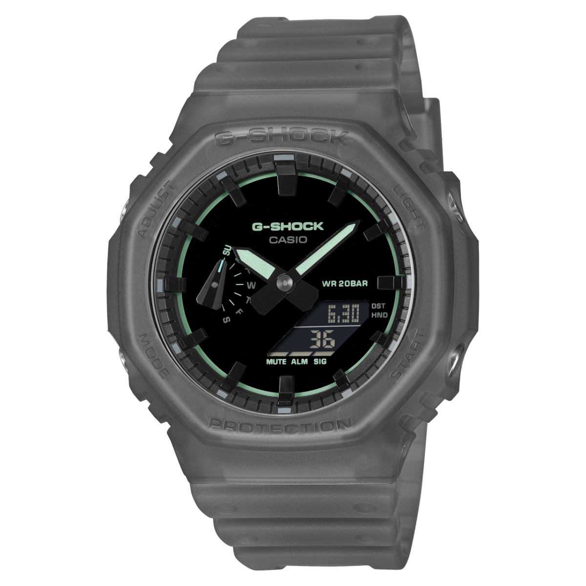 G-Shock Herrenarmbanduhr mit grauem Silikonband und schwarzem Zifferblatt mit grünen Akzenten