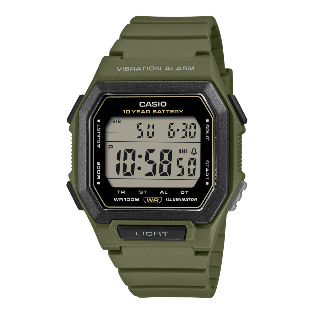 Casio Herrenuhr mit digitalem Display und grünem Armband, Vibrationsalarm