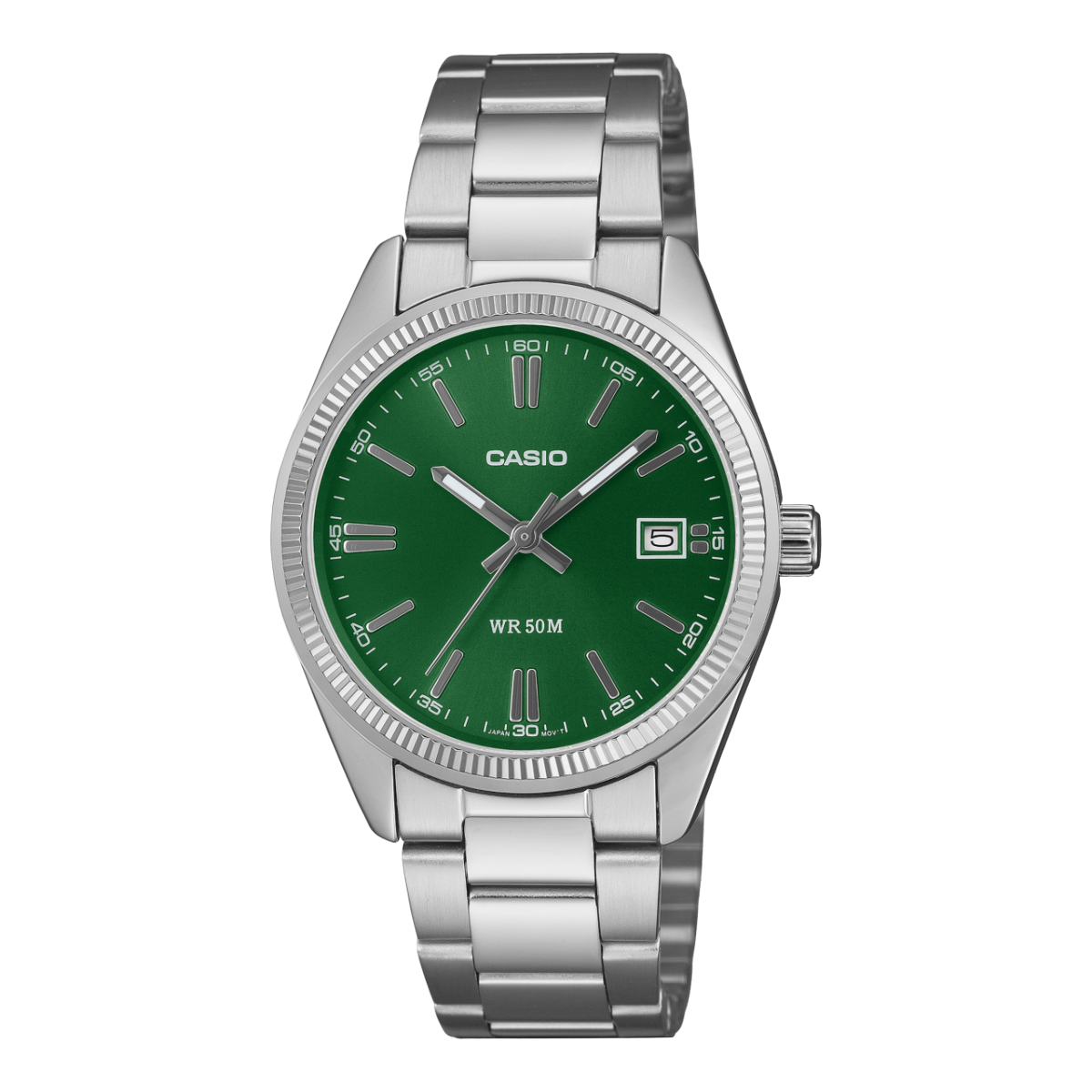 Casio Armbanduhr: grünes Zifferblatt, Metallband, Datumsanzeige, WR 50 m