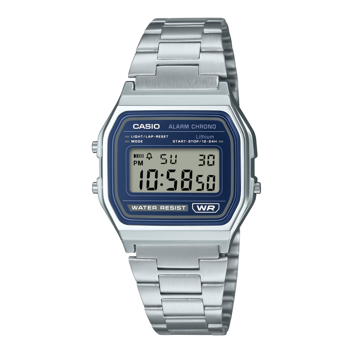 Casio Vintage Armbanduhr mit blauem LCD-Display und Edelstahlarmband, silbernes Gehäuse