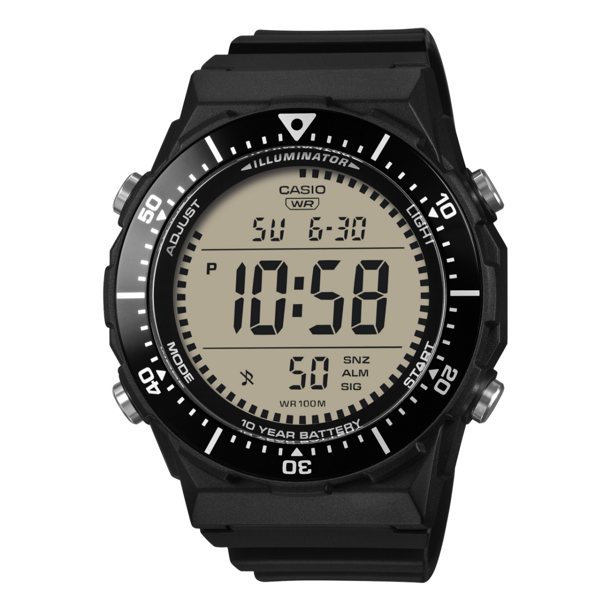 Schwarze digitale Casio Armbanduhr mit beleuchtetem Display, rundem Gehäuse und Kunststoffarmband