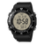 Schwarze digitale Casio Armbanduhr mit beleuchtetem Display, rundem Gehäuse und Kunststoffarmband