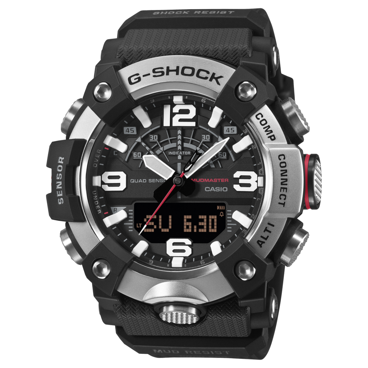 G-SHOCK Mudmaster Herrenuhr, schwarzes Gehäuse, schwarzes Armband, analoge und digitale Anzeige