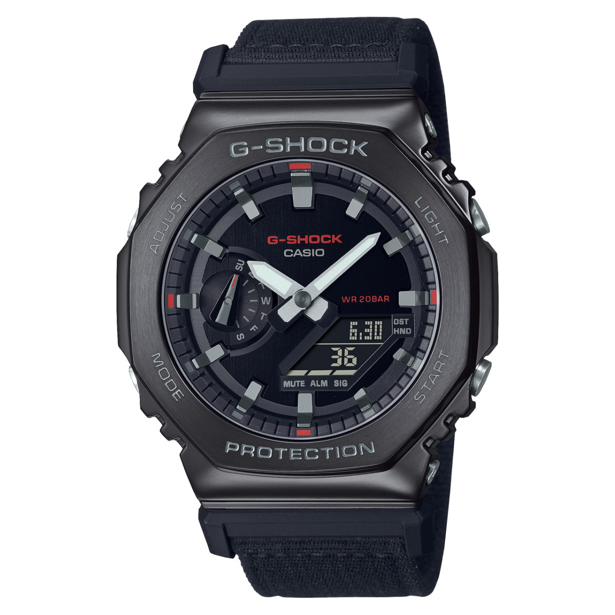 G-Shock Herrenuhr mit schwarzem Gehäuse, analogen & digitalen Anzeigen und Stoffarmband