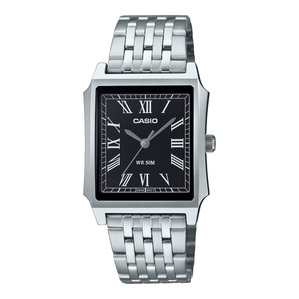 Casio Vintage-Armbanduhr mit Metallband und schwarzem Ziffernblatt