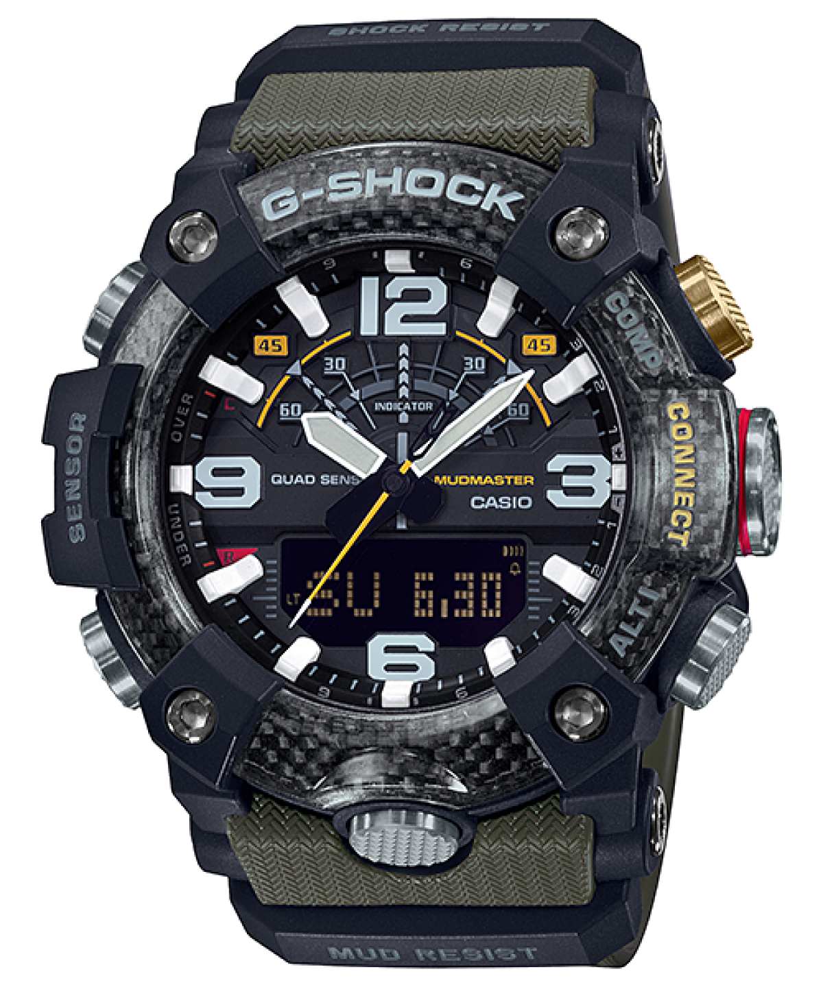 Casio G-Shock Mudmaster Herrenarmbanduhr mit schwarzem Gehäuse und grünem Textilarmband