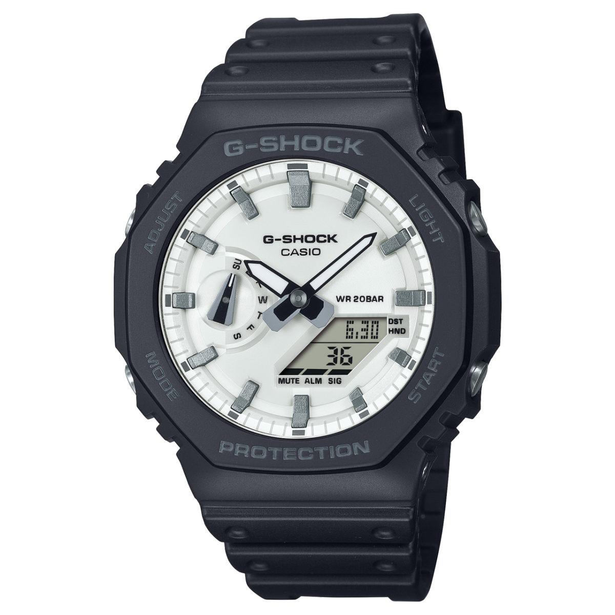 G-SHOCK Herrenuhr mit schwarzem Gehäuse und weißem Zifferblatt, WR 20BAR, Carbon-Look