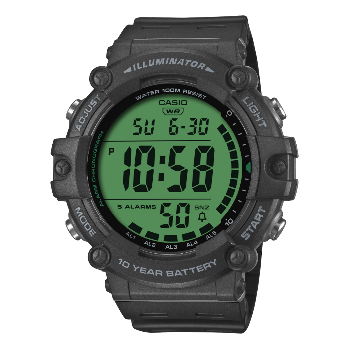 Casio Digitalarmbanduhr, schwarzes Kunststoffgehäuse mit grünem LED-Ziffernblatt