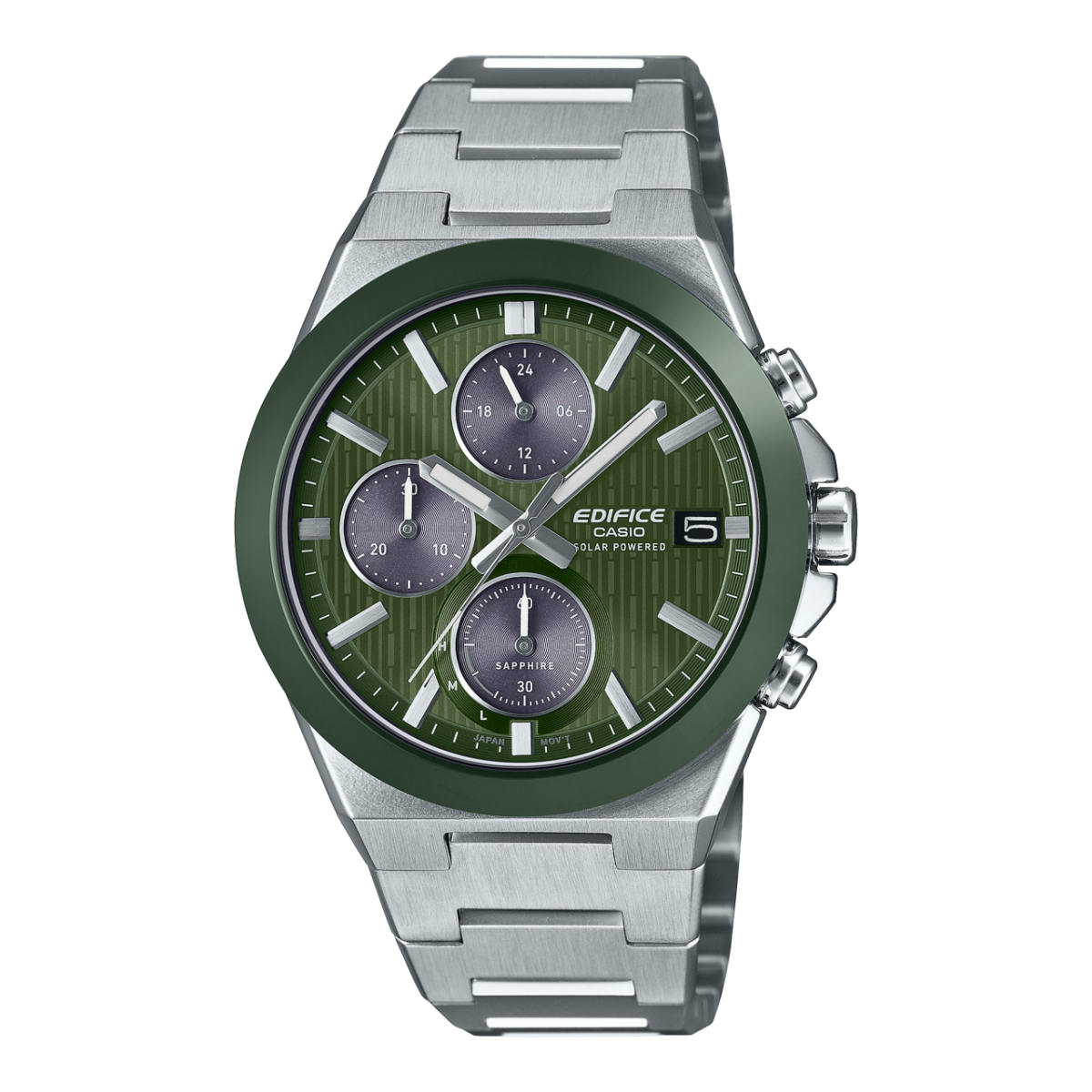 Casio Edifice Herrenuhr: grünes Zifferblatt, Chronograph, silbernes Edelstahlband