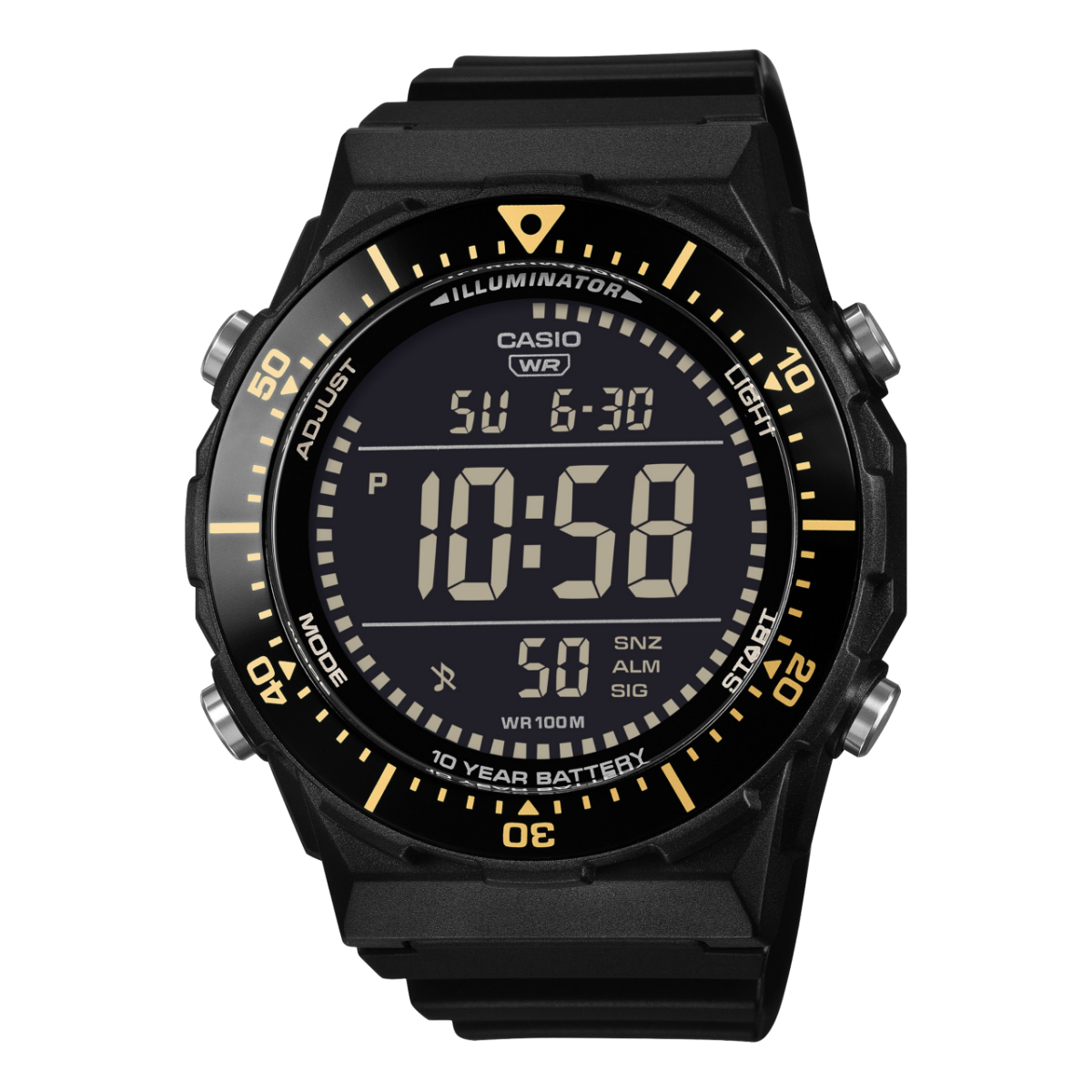 Schwarze Casio Digitalarmbanduhr mit gelb-orangem Lünette und beleuchteter LED-Ziffernanzeige