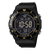 Schwarze Casio Digitalarmbanduhr mit gelb-orangem Lünette und beleuchteter LED-Ziffernanzeige