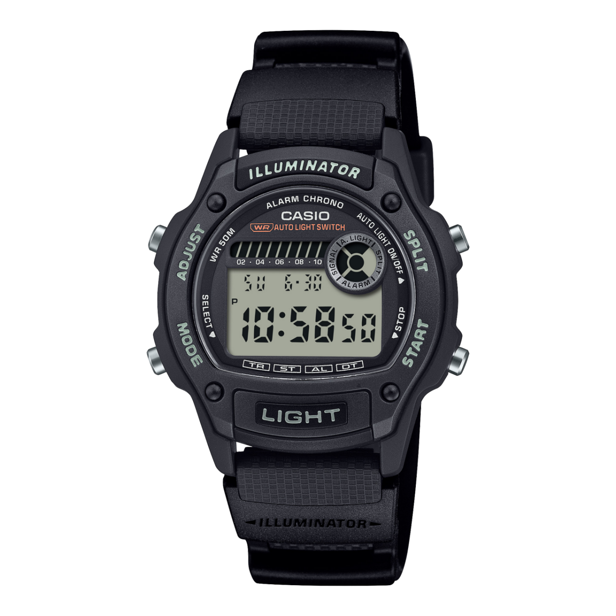 Casio Herrenuhr mit schwarzem Kunststoffarmband und digitalem Display, STOP/ LIGHT Tasten
