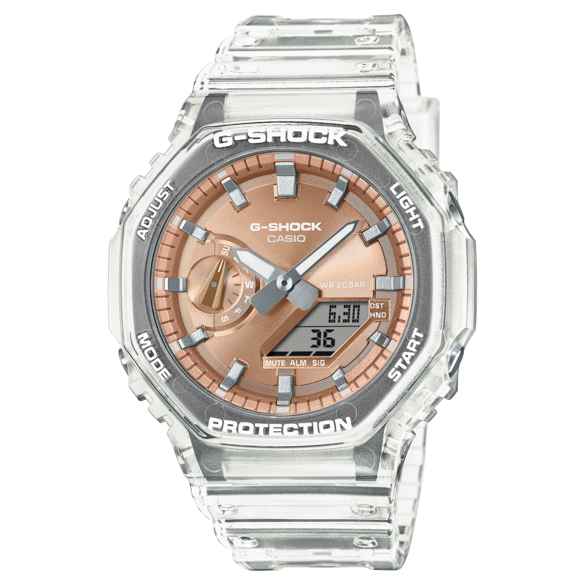 Casio G-Shock GA-2100 Uhr mit transparentem Resinarmband und braunem Analog-Digital-Zifferblatt