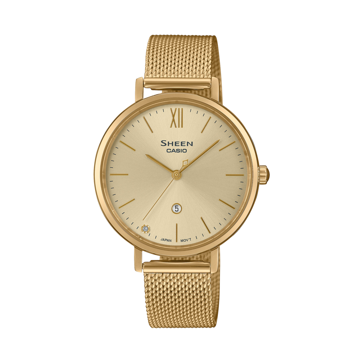 Casio Sheen Damenuhr: goldfarbenes Mesh-Armband, rundes Saphirglas, creme Zifferblatt
