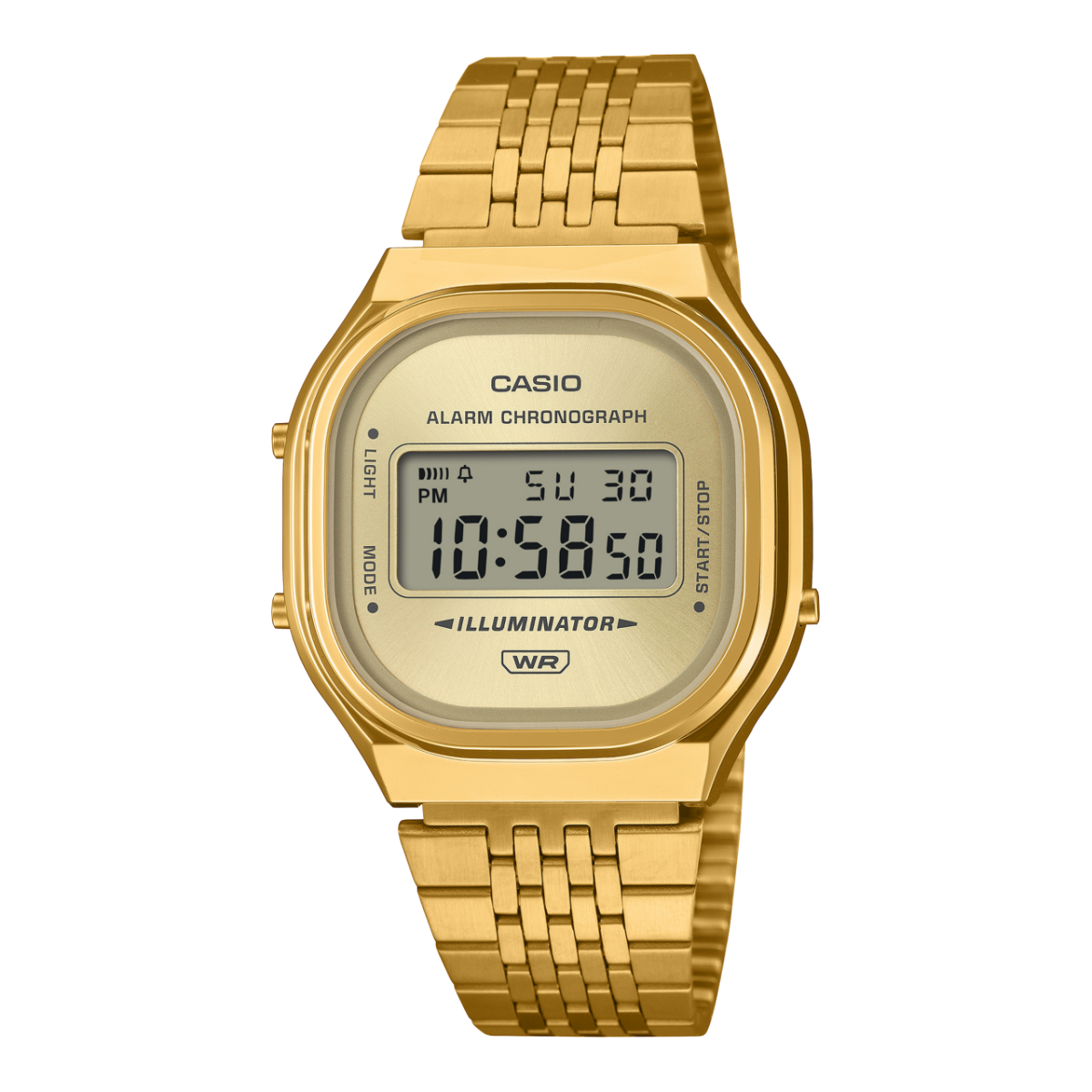 Goldfarbene Casio Digitaluhr mit Metallarmband, rundes Display, Zeit 10:58:50