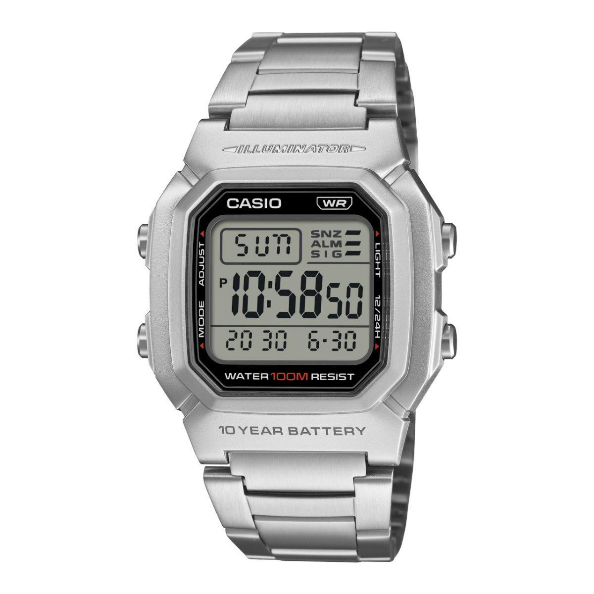 Casio W-800HD-1AVEF Herren-Armbanduhr, silbernes Edelstahlband, digitales Display