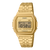Goldfarbene Vintage-Digitaluhr mit Edelstahlgehäuse und Metallarmband, LCD-Display.