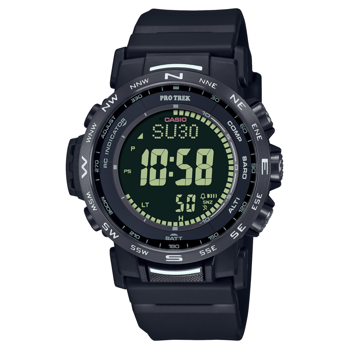 Casio PRO TREK Herrenuhr mit schwarzem Kunststoffarmband und grünem Digitaldisplay