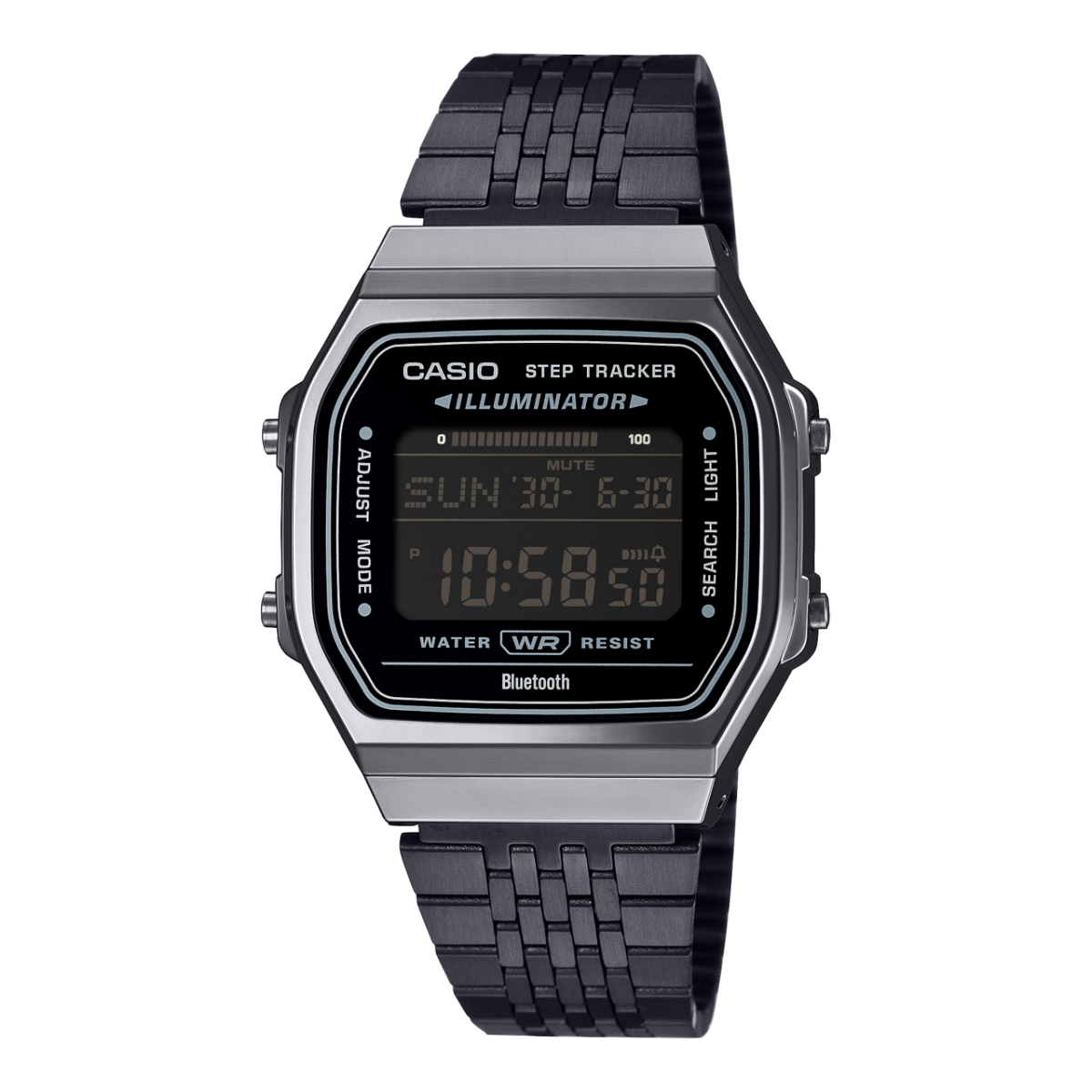 CASIO Armbanduhr mit schwarzem Metallarmband und digitalem Display, Schrittzähler