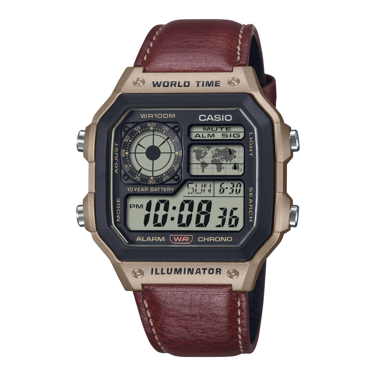 Herren-Armbanduhr mit braunem Lederband, Weltzeit-Analogring und digitalem Display