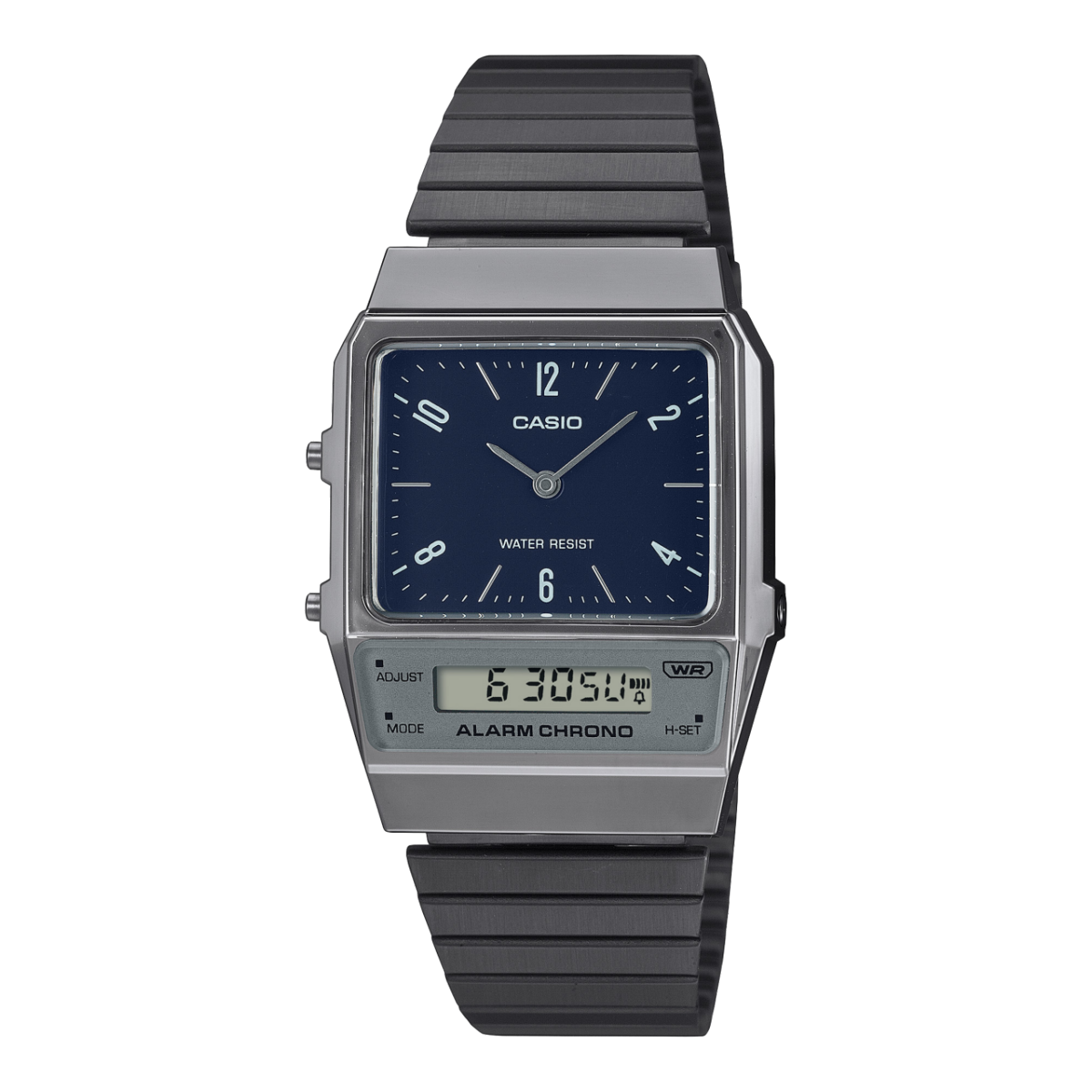Casio Herrenuhr mit blauem Zifferblatt und grauem Band, analog-digital, Retro