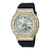 Damenarmbanduhr: achteckiges Metallgehäuse, gelbgoldfarbene Lünette, blaues Silikonband.