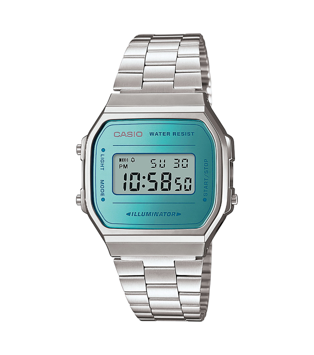Casio Vintage-Armbanduhr mit blaugrünem Display und Metallarmband