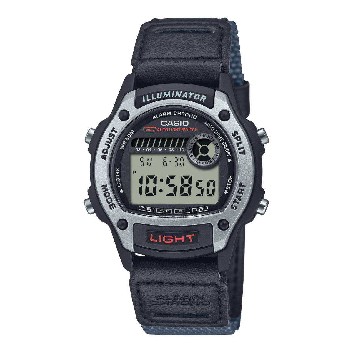Casio Digitaluhr mit LCD-Display und dunkelblauem Armband, Taste „LIGHT“