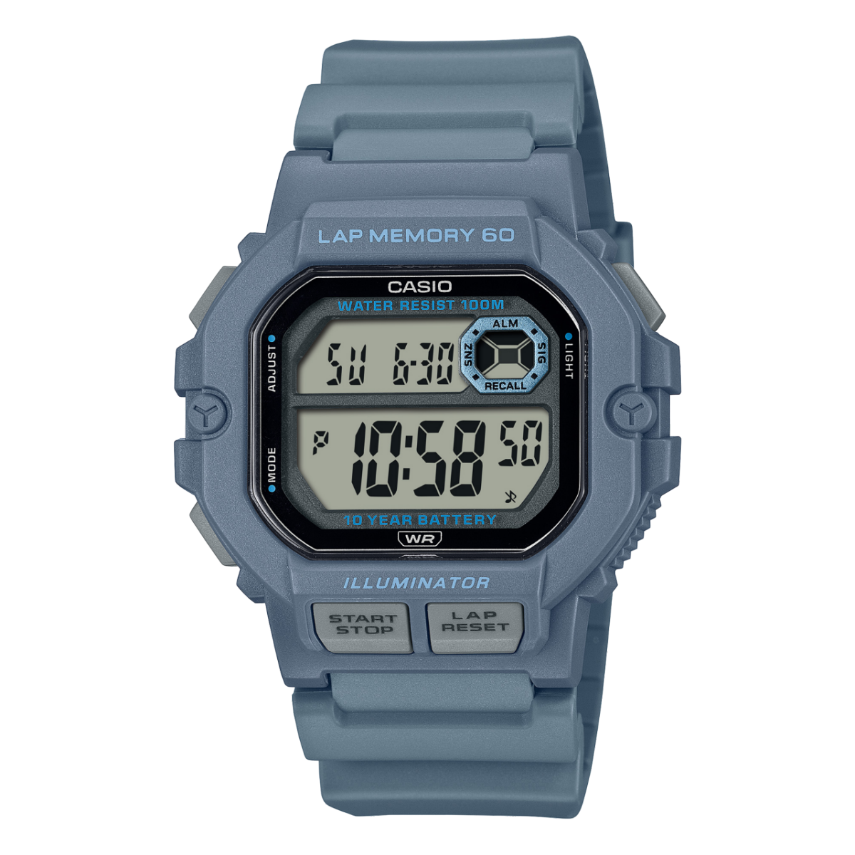 Casio Herrenarmbanduhr mit digitalem Display, graues Armband, Drucktasten