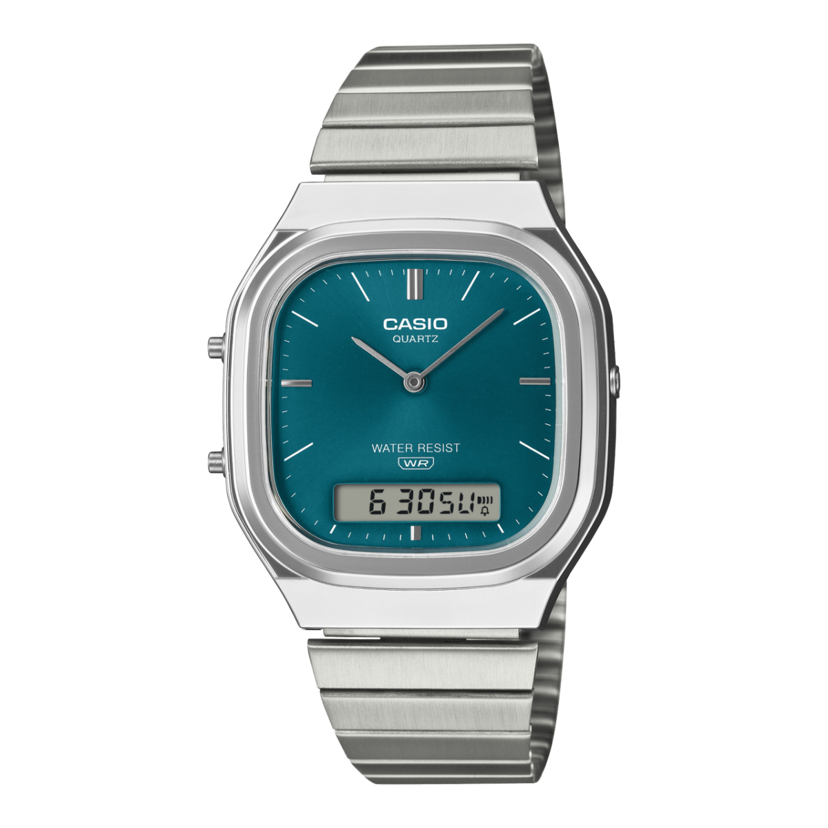 Casio Vintage AQ-240E-3AEF Armbanduhr in Silber mit türkisfarbenem Digital-Analog-Zifferblatt