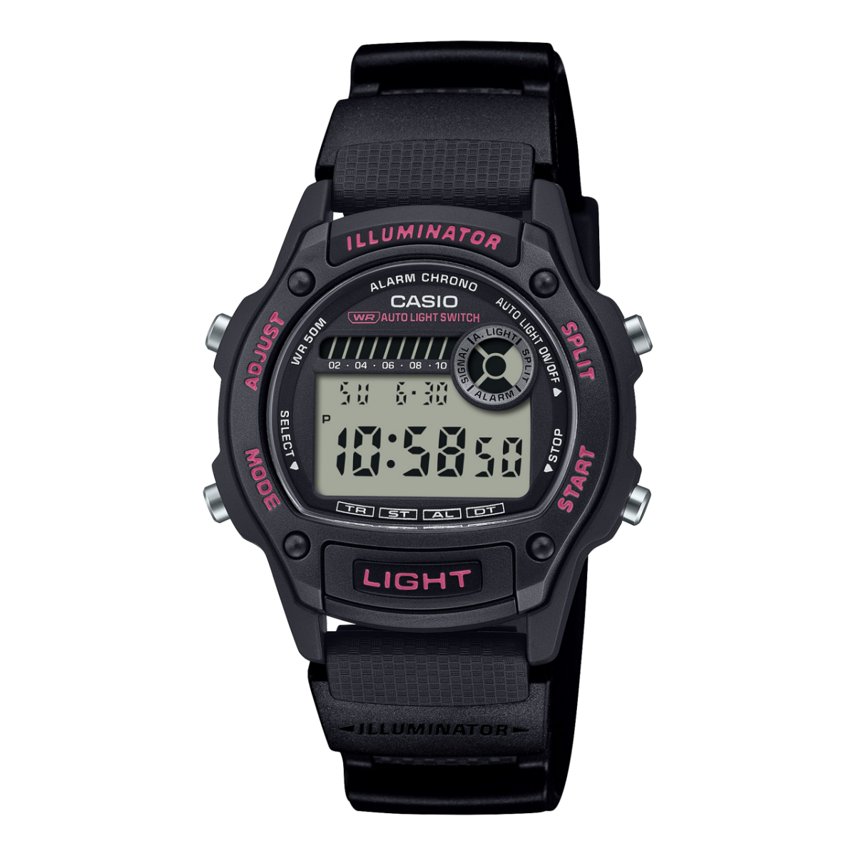 Digitale Armbanduhr mit schwarzem Kunststoffarmband, großem LCD-Display und Tasten.