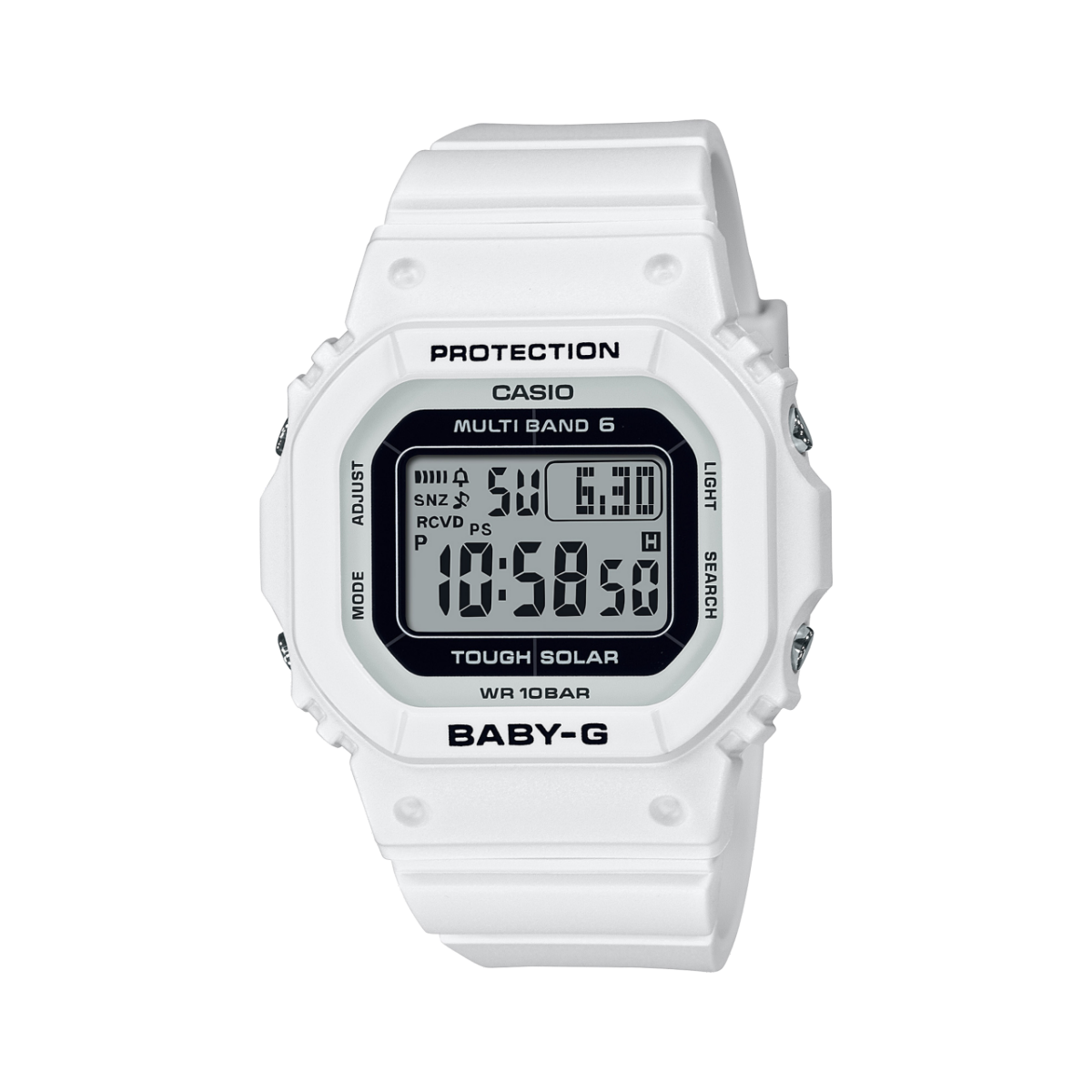 Casio Baby-G Solar Funkuhr, digitale Anzeige, weißes Kunststoffgehäuse, Schutzschale