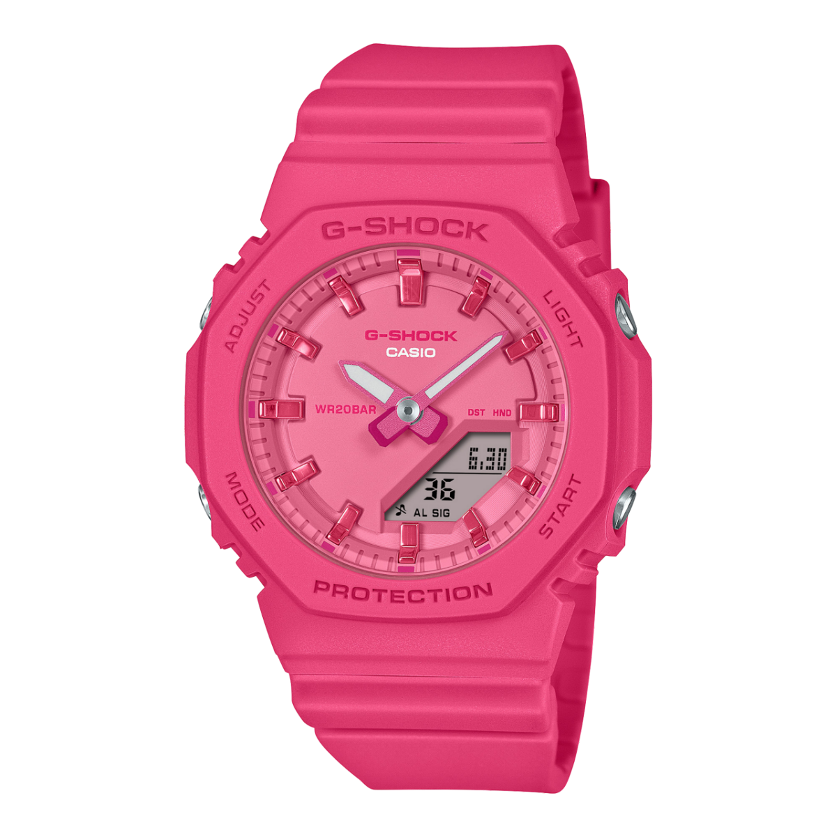 G‑SHOCK Damenarmbanduhr mit pinkem Resinband und analogem Digital-Zifferblatt