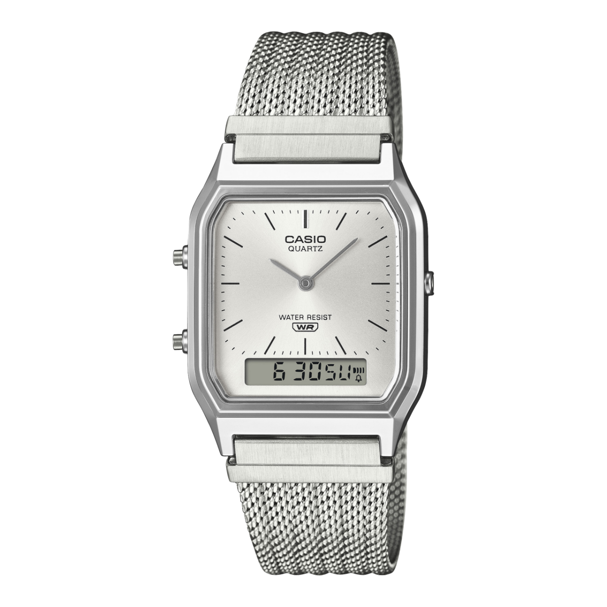 Casio Vintage Armbanduhr mit silbernem Mesh-Armband, analogem Zifferblatt und Digitalanzeige
