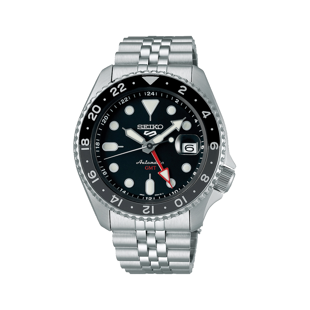 "Seiko herrklocka med armband i silverfärgat rostfritt stål och svart urtavla, GMT-visning"