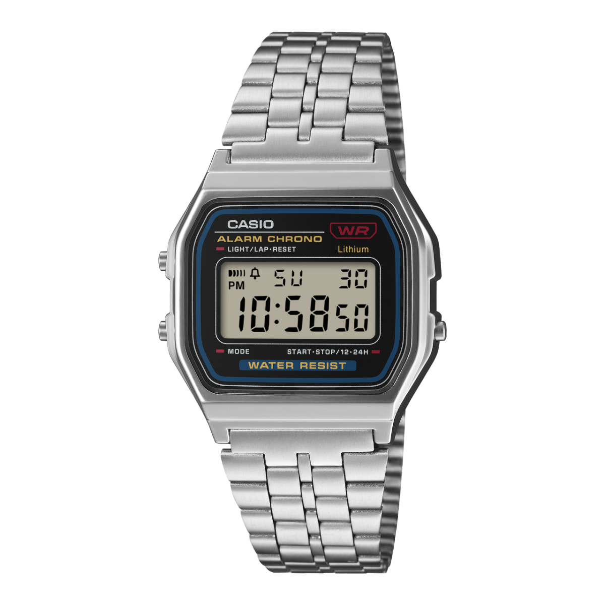 Casio Vintage A159WE-1EF Armbanduhr mit silbernem Edelstahlarmband und digitalem Display