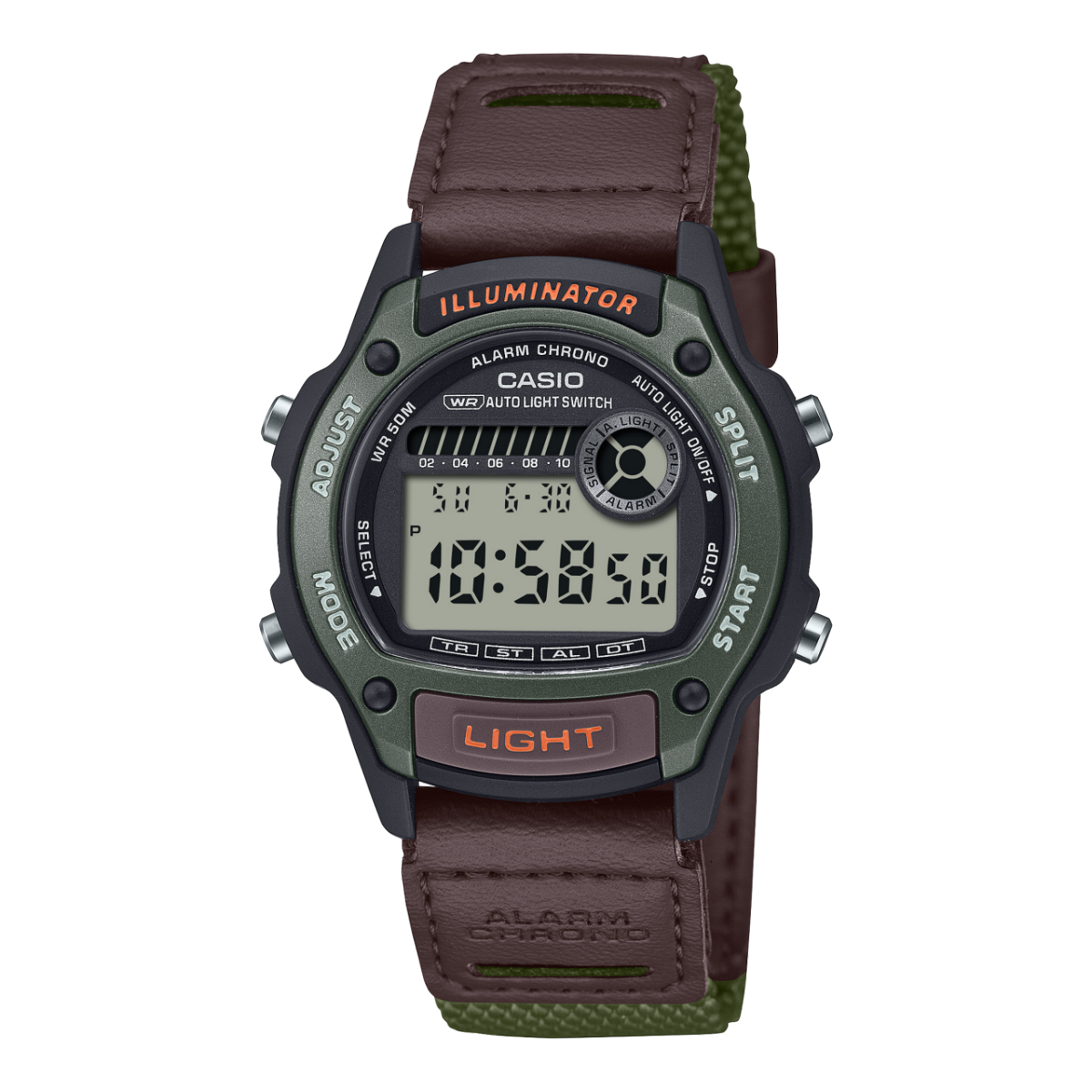 Casio Digital-Armbanduhr mit braunem Lederarmband und beleuchtetem LCD-Display