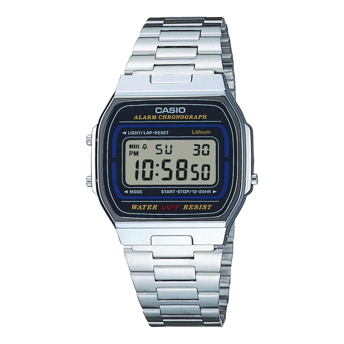 Herrenarmbanduhr mit silbernem Edelstahlarmband und blauem Digitaldisplay
