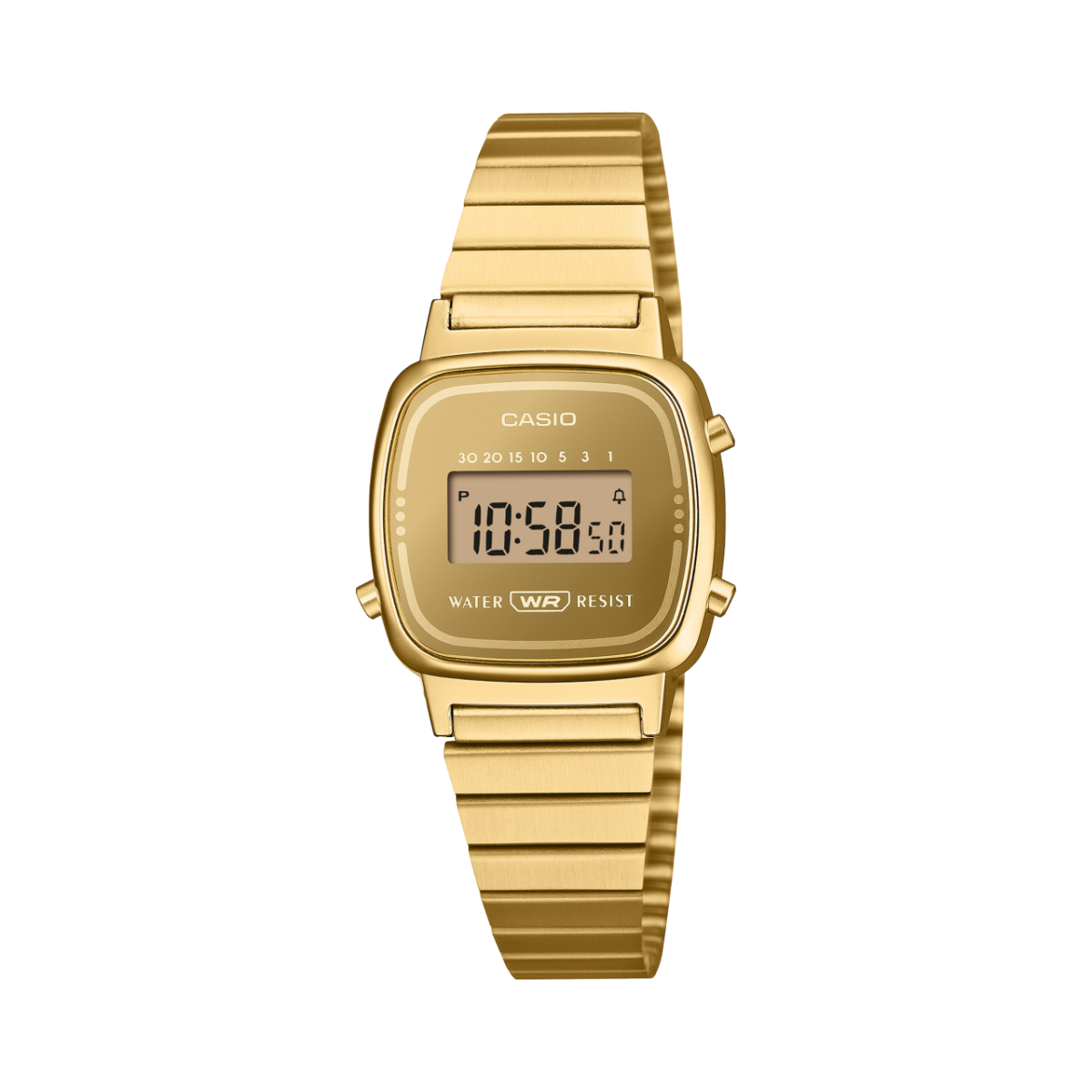 Goldfarbene Casio Damenarmbanduhr mit digitalem Display und Metallarmband
