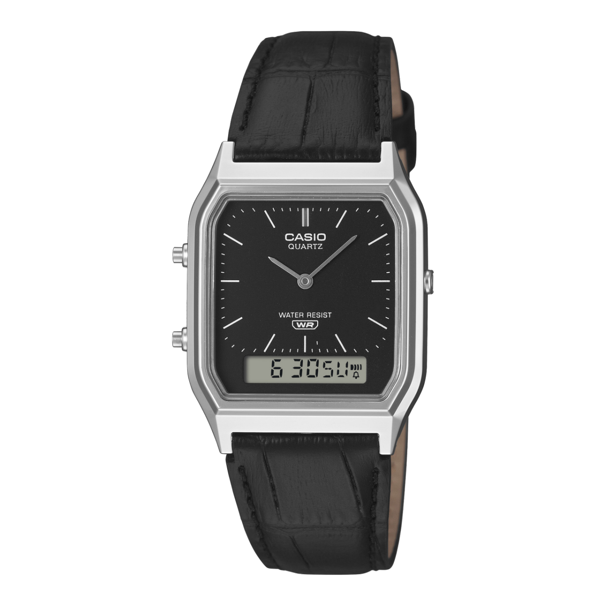Casio Vintage Armbanduhr mit schwarzem Echtlederarmband, analog/digital, eckiges Gehäuse.