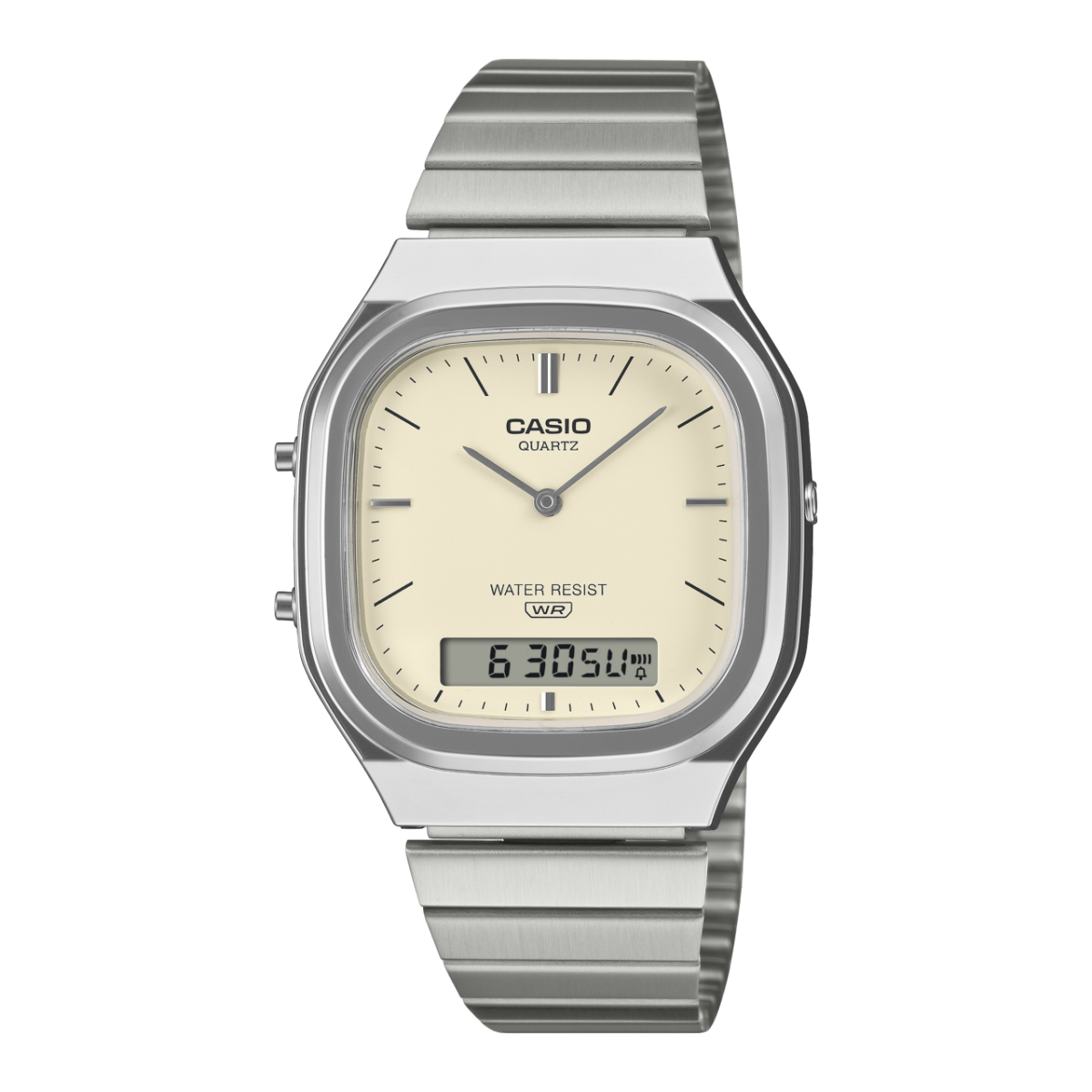 Casio Armbanduhr: silbernes Edelstahlband, analog-digital, cremefarbenes Zifferblatt.
