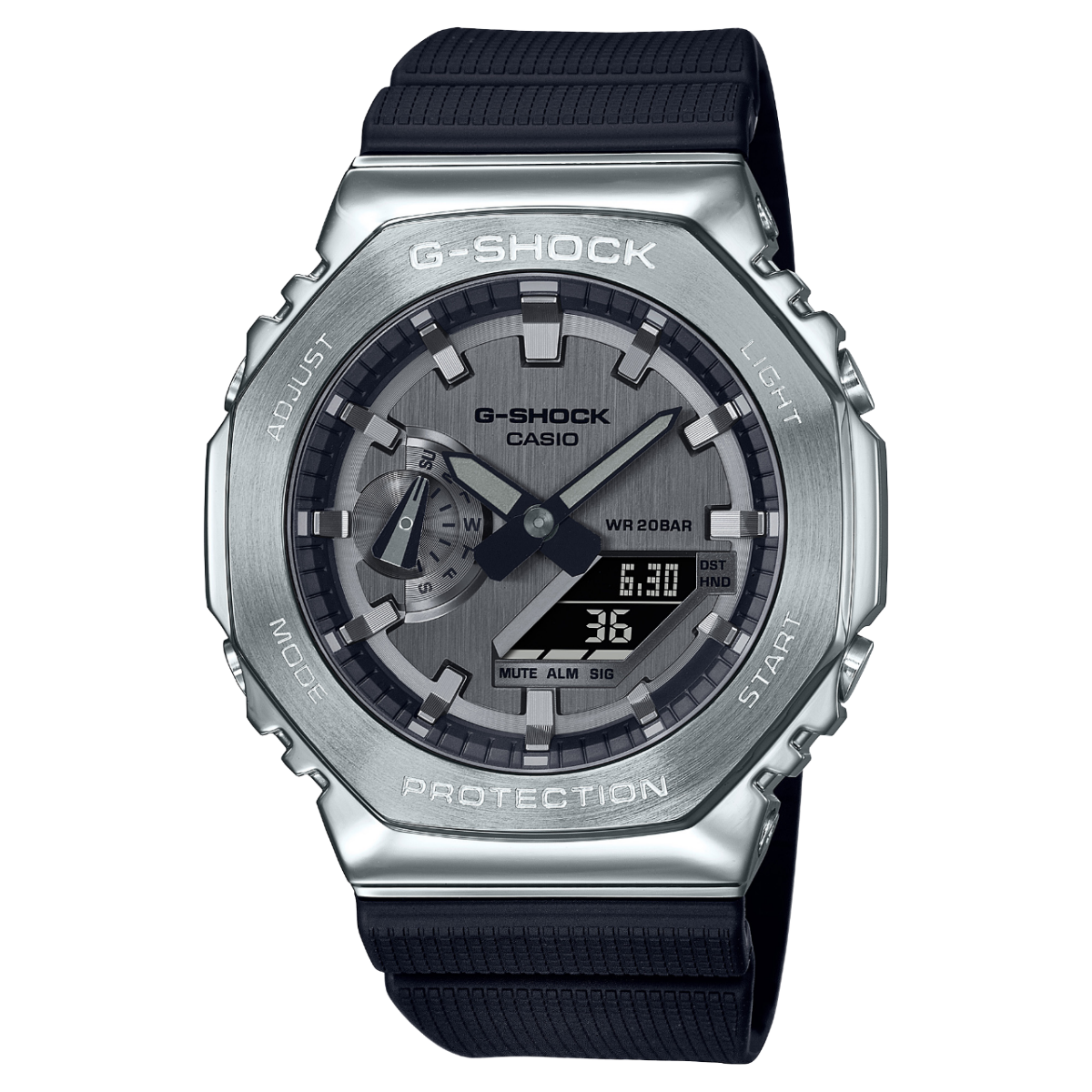 G-SHOCK GM-2100 Uhr mit silbernem Metallgehäuse und schwarzem Armband, dunklem Zifferblatt
