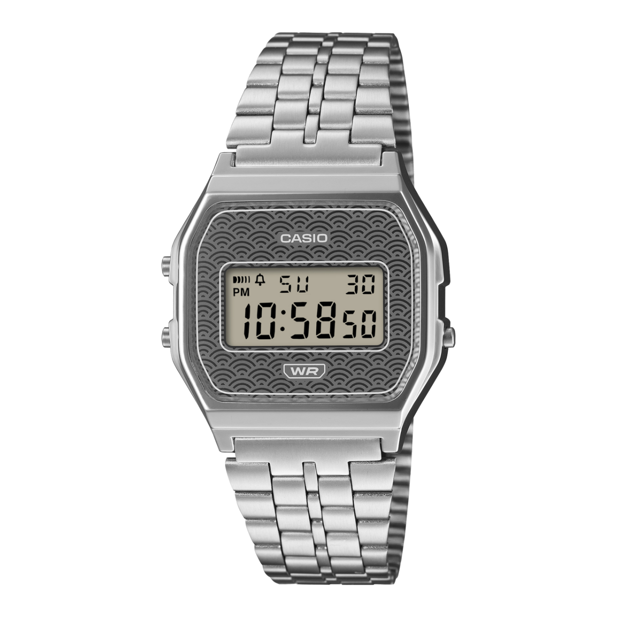 Casio A159WEVJ-7ER Armbanduhr, silbernes Edelstahlband, Seigaiha-Zifferblatt